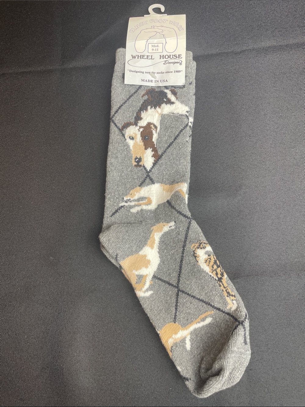 Grey Hound Dog Pattern novelty socks brown white gray black size medium 9-11